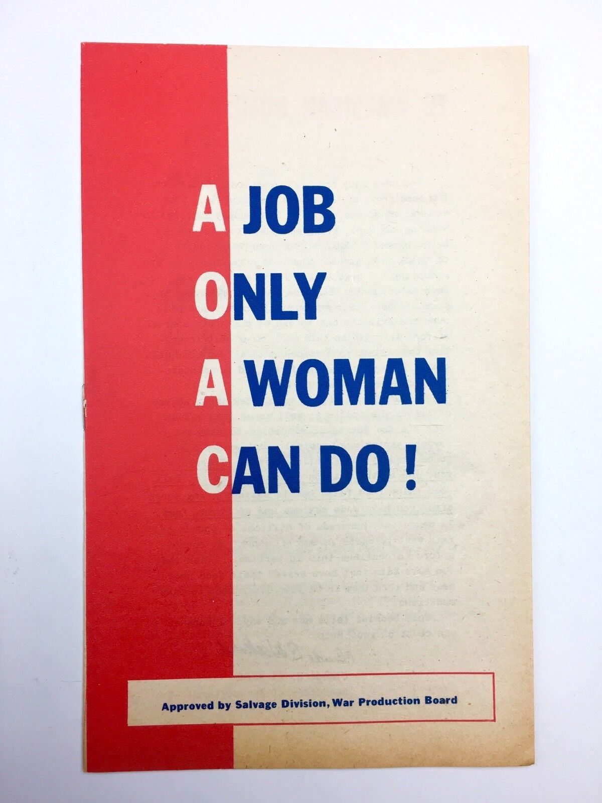 1943 WWII US War Dept Homefront Booklet A JOB ONLY A WOMAN CAN DO Save Waste Fat