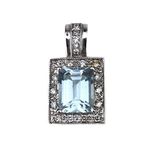 14k White Gold w/ Diamond & 2-3 Ct Emerald Cut Aquamarine Necklace Pendant QCD