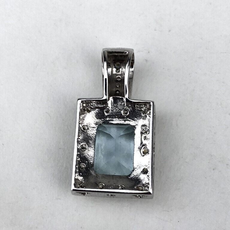 14k White Gold w/ Diamond & 2-3 Ct Emerald Cut Aquamarine Necklace Pendant QCD