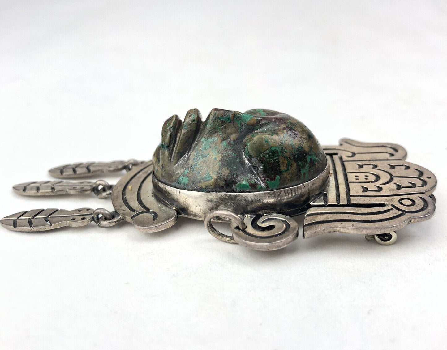 Sterling Silver Taxco Mexico Carved GemStone Face Brooch Pendant Pin Necklace