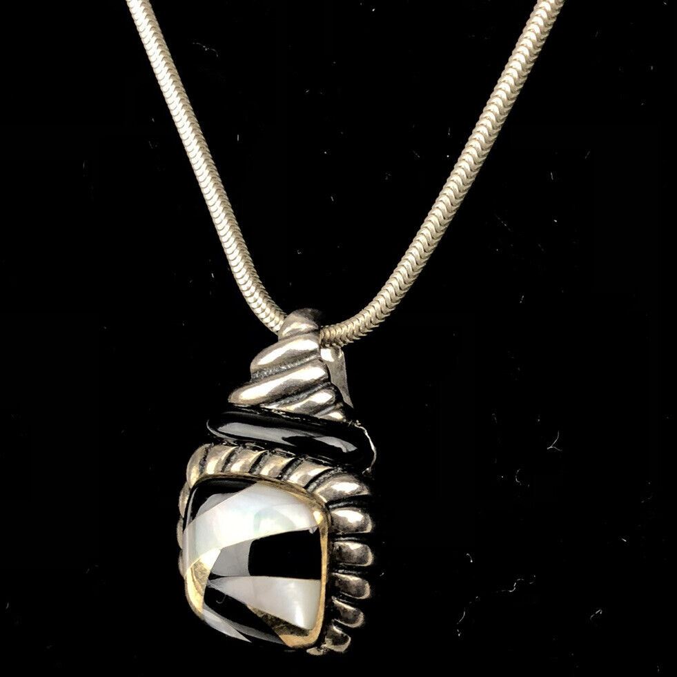Asch Grossbardt Sterling Silver & 18K Gold MOP Pearl ONYX Inlay Necklace Pendant