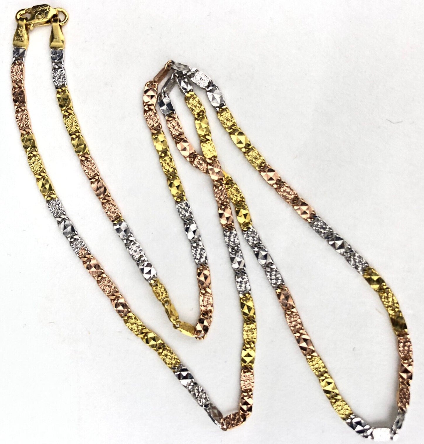 Tecnigold 18k ROSE YELLOW & WHITE GOLD Tri-Tone Flat Fancy Link Necklace Chain