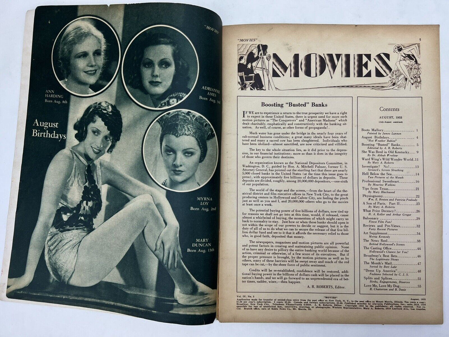 BROADWAY & HOLLYWOOD MOVIES Magazine AUGUST 1933 BOOTS MALLORY COVER Art Deco