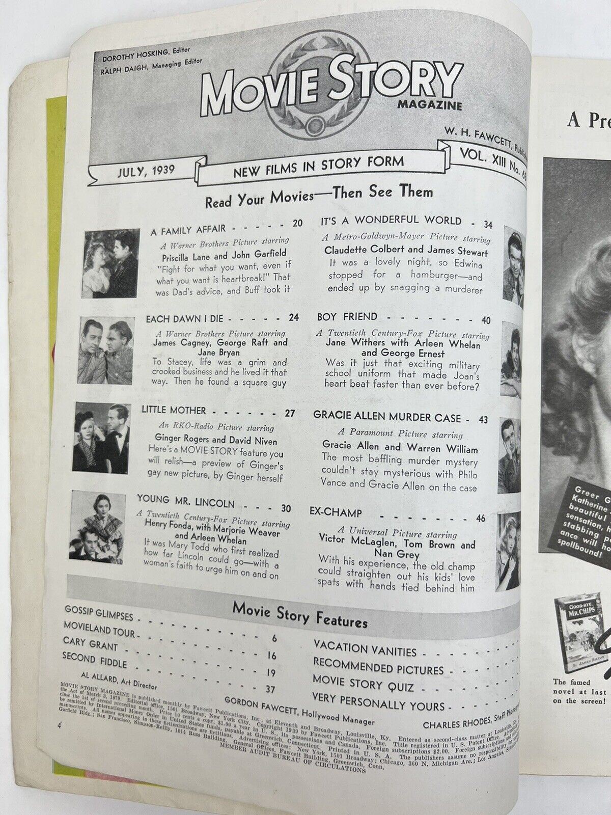 MOVIE STORY Magazine JULY 1939 Vol 13 #63 Priscilla Lane Claudette Colbert