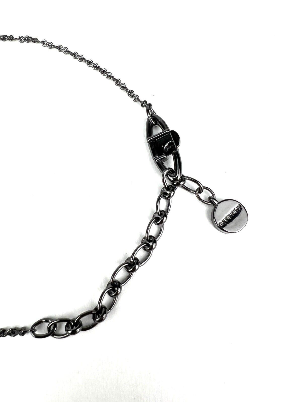 GIVENCHY Gunmetal Gray Chain Black Crystal Y Drop Pendant Necklace w/ Extender