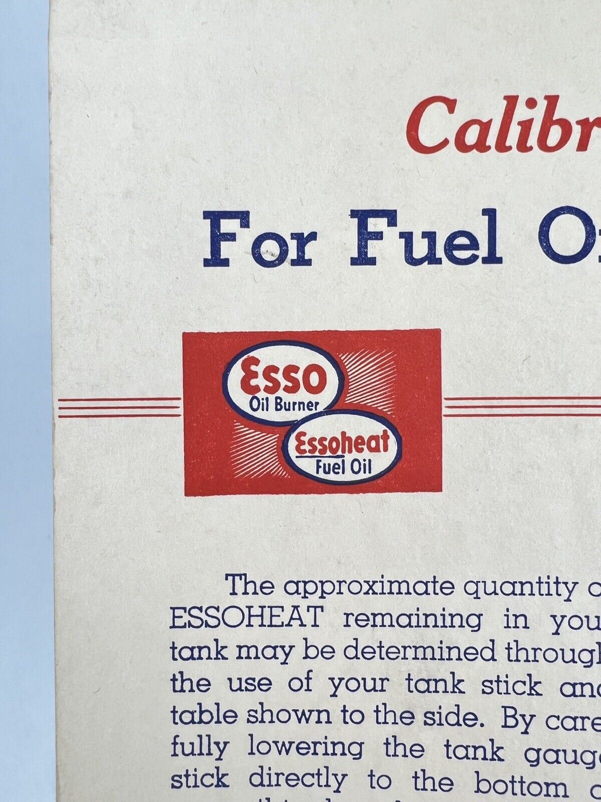 Vintage ESSO Calobration Chart for Fuel Oil Storage Tanks ESSOHEAT Fuel Burner