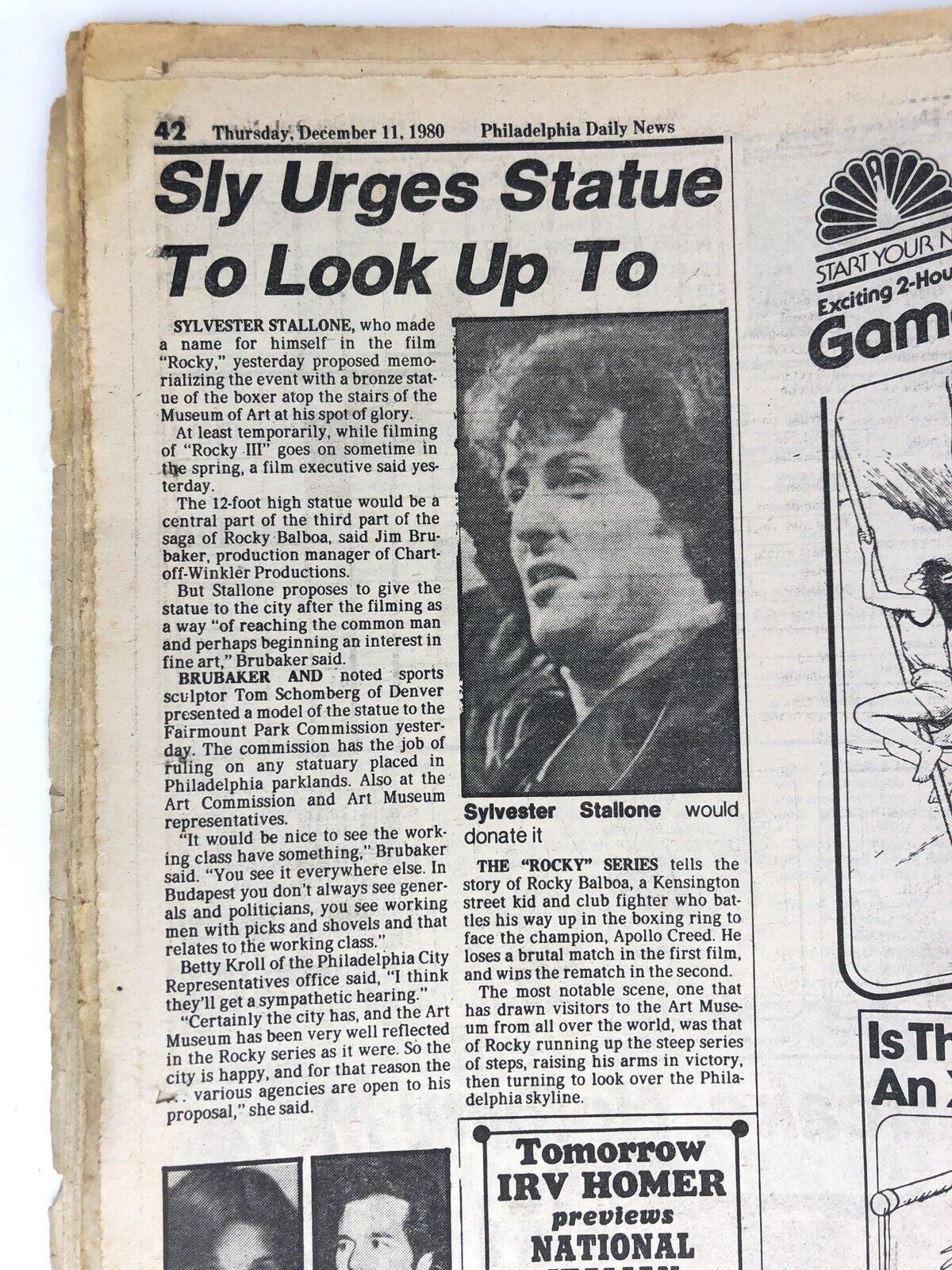 1980 PHILADELPHIA DAILY NEWS Rocky Statue SYLVESTER STALLONE NEWSPAPER Balboa