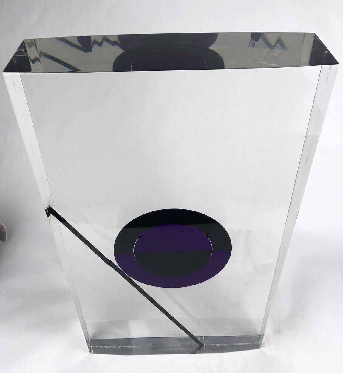 HUGE 20” Clear Acrylic Lucite Purple Black Op Art Faceted SCULPTURE Modernist