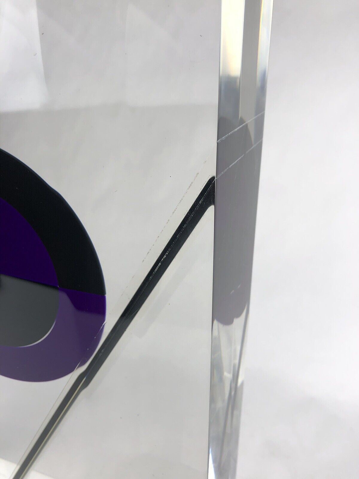 HUGE 20” Clear Acrylic Lucite Purple Black Op Art Faceted SCULPTURE Modernist