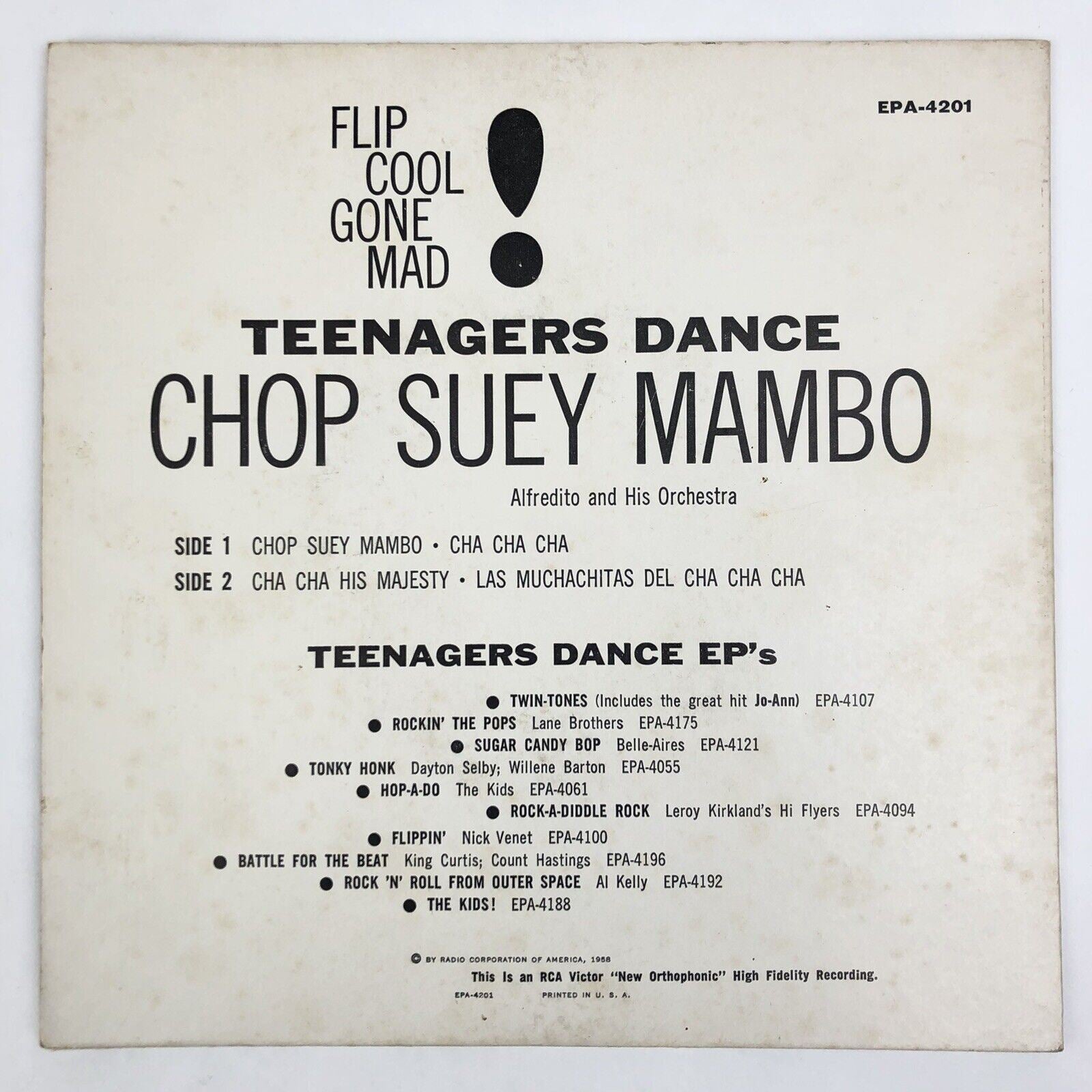 Alfredito Orchestra TEENAGERS DANCE Chop Suey Mambo 1958 RCA EPA