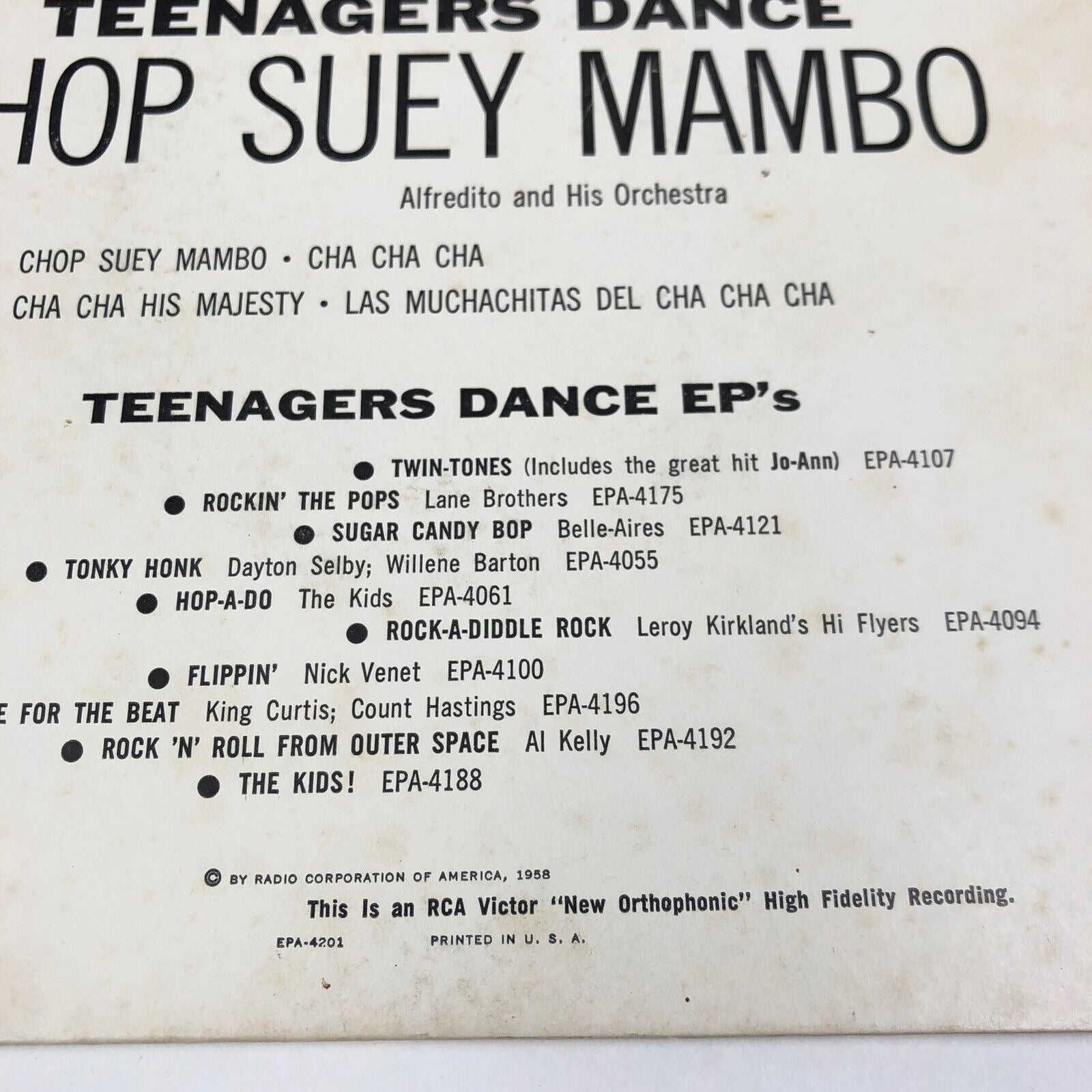 Alfredito Orchestra TEENAGERS DANCE Chop Suey Mambo 1958 RCA EPA