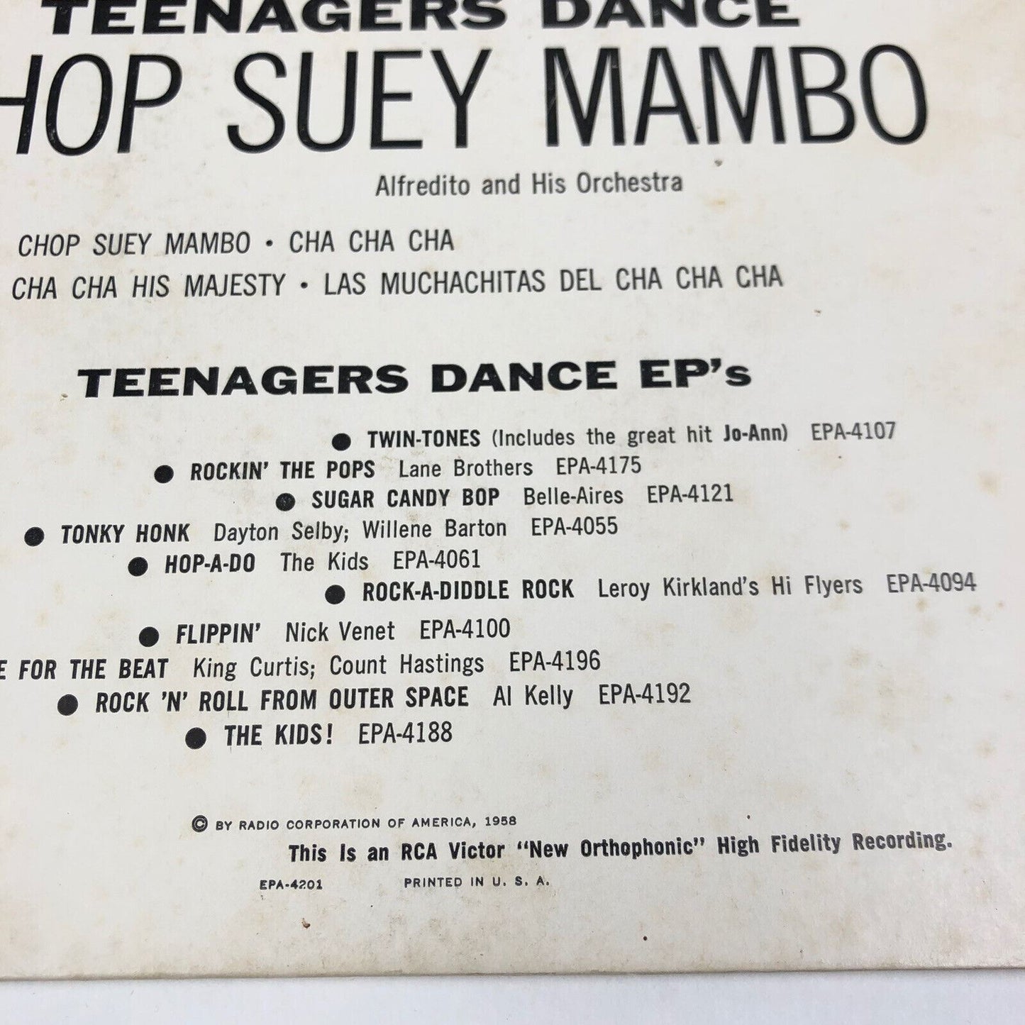 Alfredito Orchestra TEENAGERS DANCE Chop Suey Mambo 1958 RCA EPA-4201 45 EP