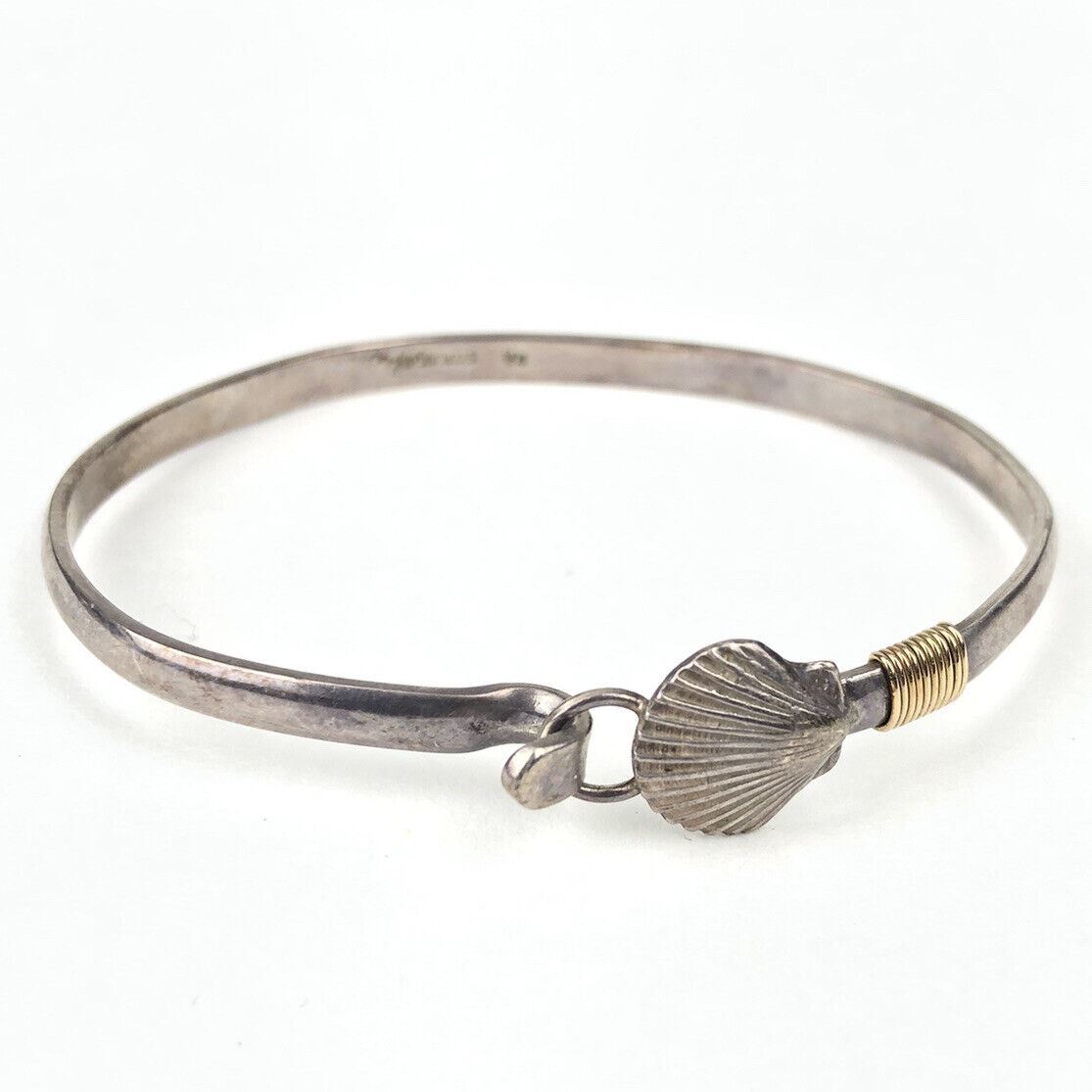 Vintage Signed RA Sterling Silver & 14k Seashell Fish Hook Bangle Bracelet 7”