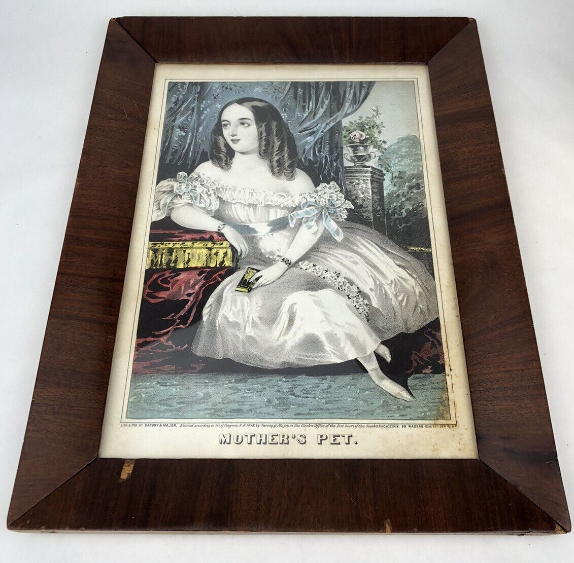 Antique Framed 1846 SARONY & MAJOR Hand Colored Lithograph MOTHER’S PET Girl