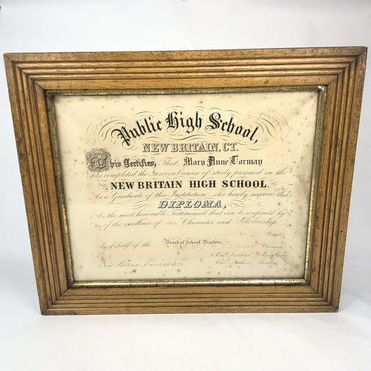1880 Framed Diploma NEW BRITAIN HIGH SCHOOL Connecticut CHARLES NORTHEND Signed