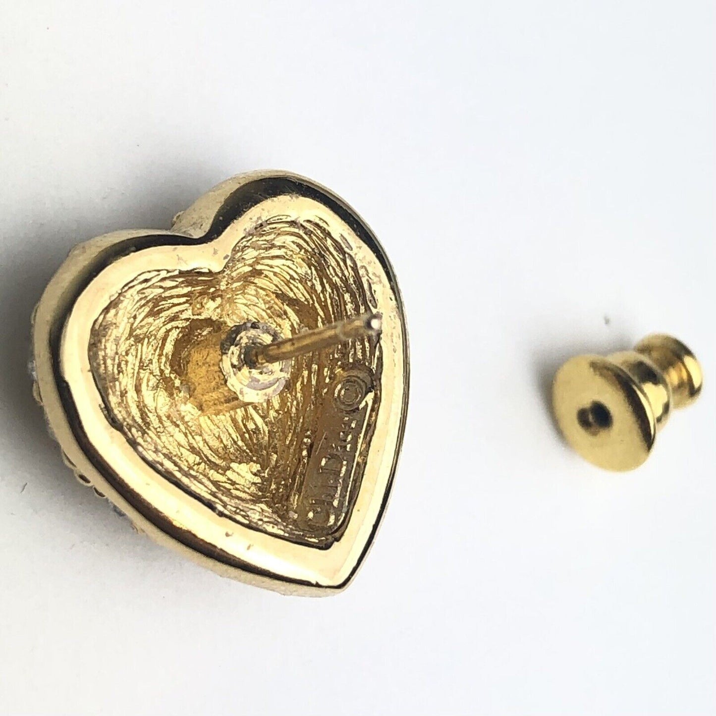 Vintage NEW Christian Dior HEART Rhinestone Pave 14k Gold Post Pierced EARRINGS
