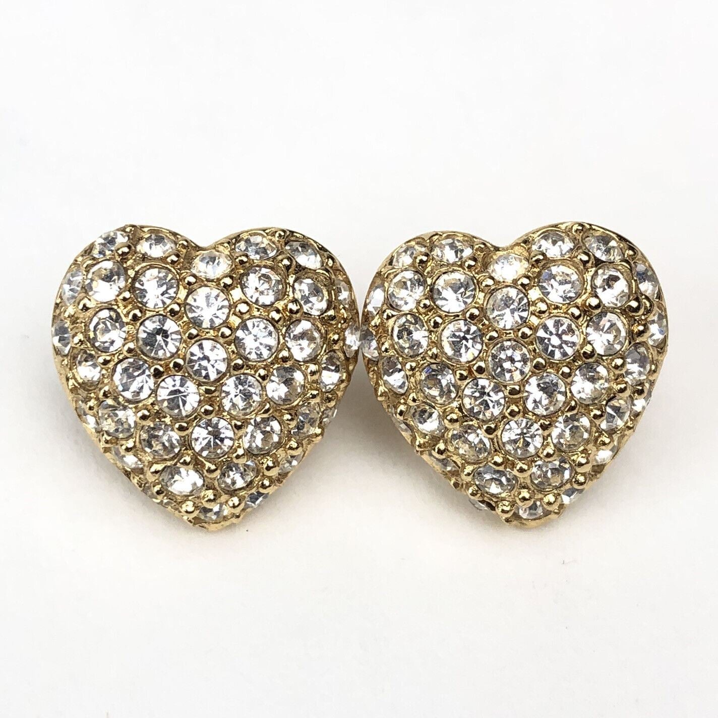 Vintage NEW Christian Dior HEART Rhinestone Pave 14k Gold Post Pierced EARRINGS