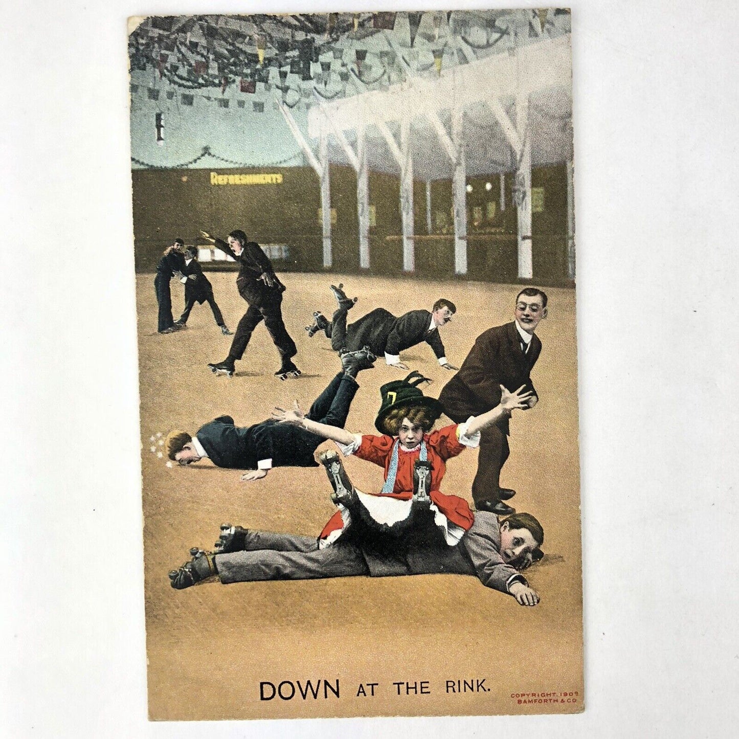 1909 BAMFORTH Series 1564 DOWN AT THE RINK Roller Skating Postcard Holmfirth