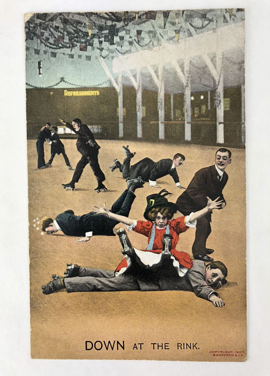 1909 BAMFORTH Series 1564 DOWN AT THE RINK Roller Skating Postcard Holmfirth