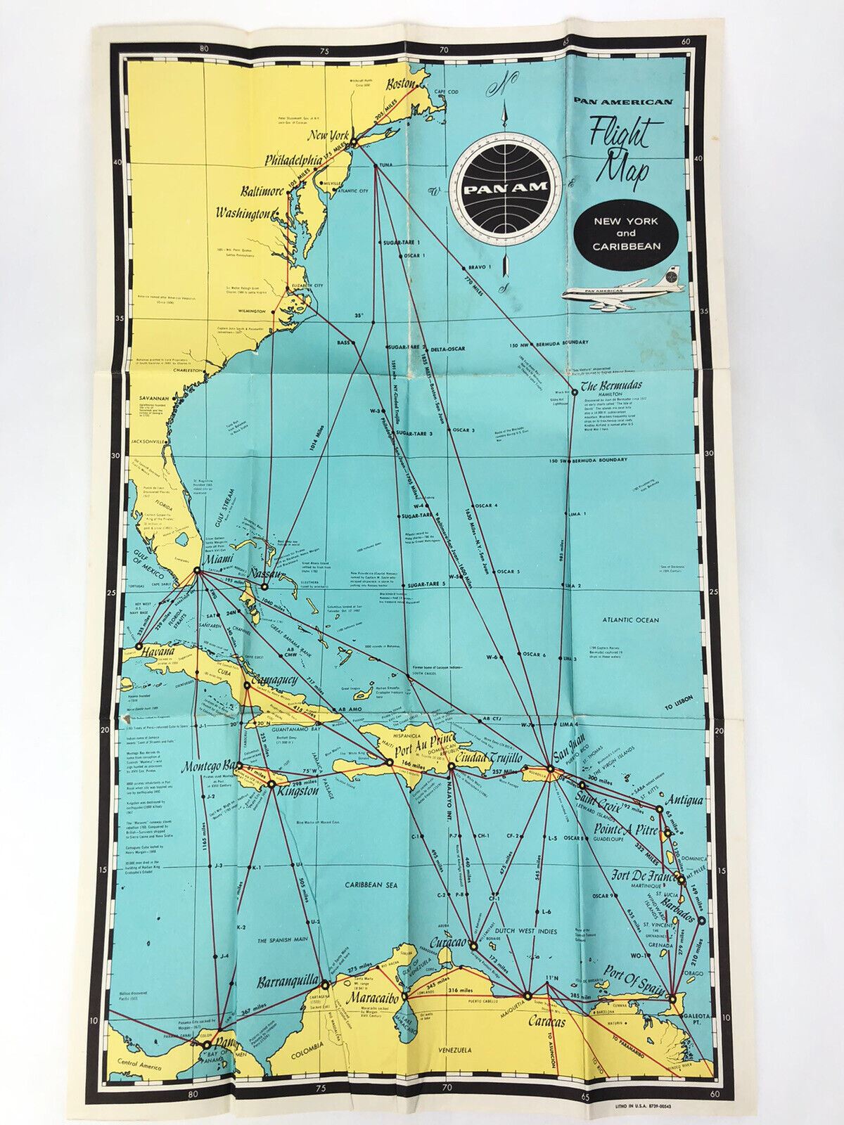 Vintage 1960’s PAN AM Pan American Airlines FLIGHT MAP New York & Caribbean ART