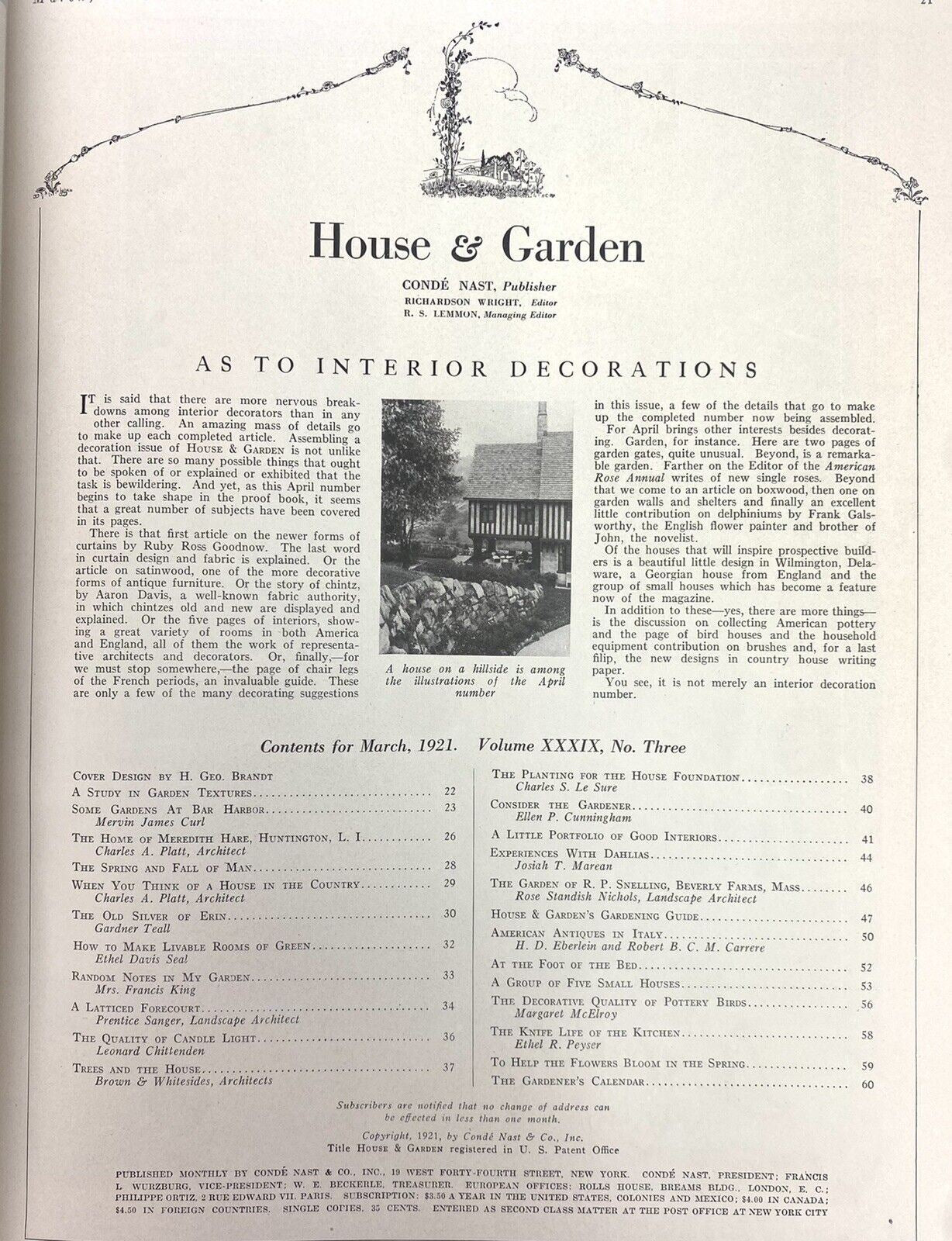 Antique HOUSE & GARDEN Magazine MARCH 1921 Spring Guide ART DECO G. Brandt Cover
