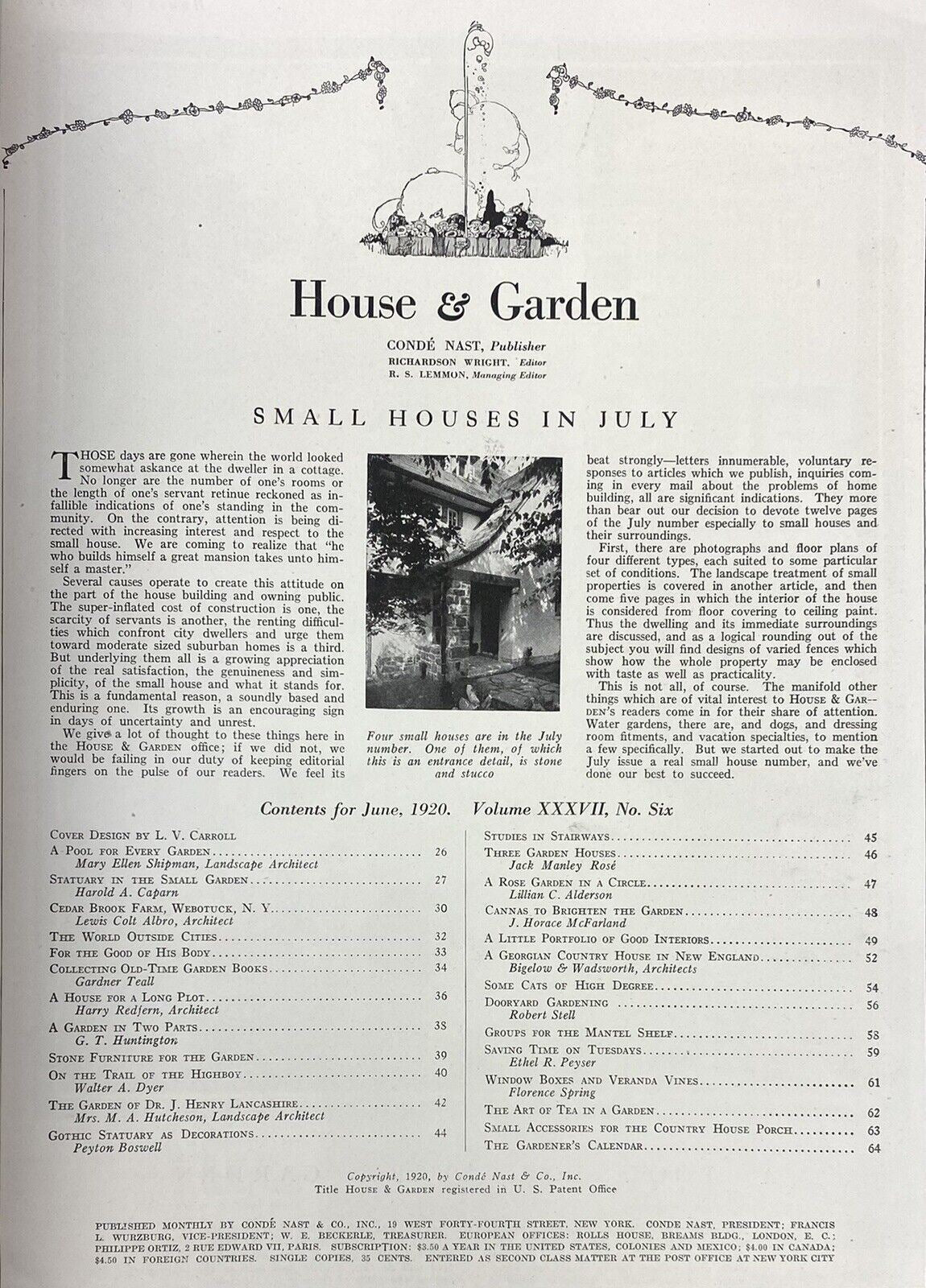 HOUSE & GARDEN Magazine JUNE 1920 Furnishing Number ART DECO Cover L.V. Carrol