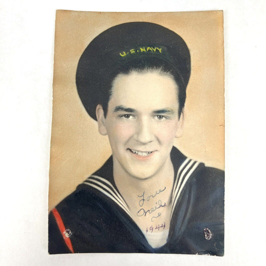 1944 WWII NAVY SAILOR Hand Colored Studio Portrait Photo CRACKER JACK UNIFORM