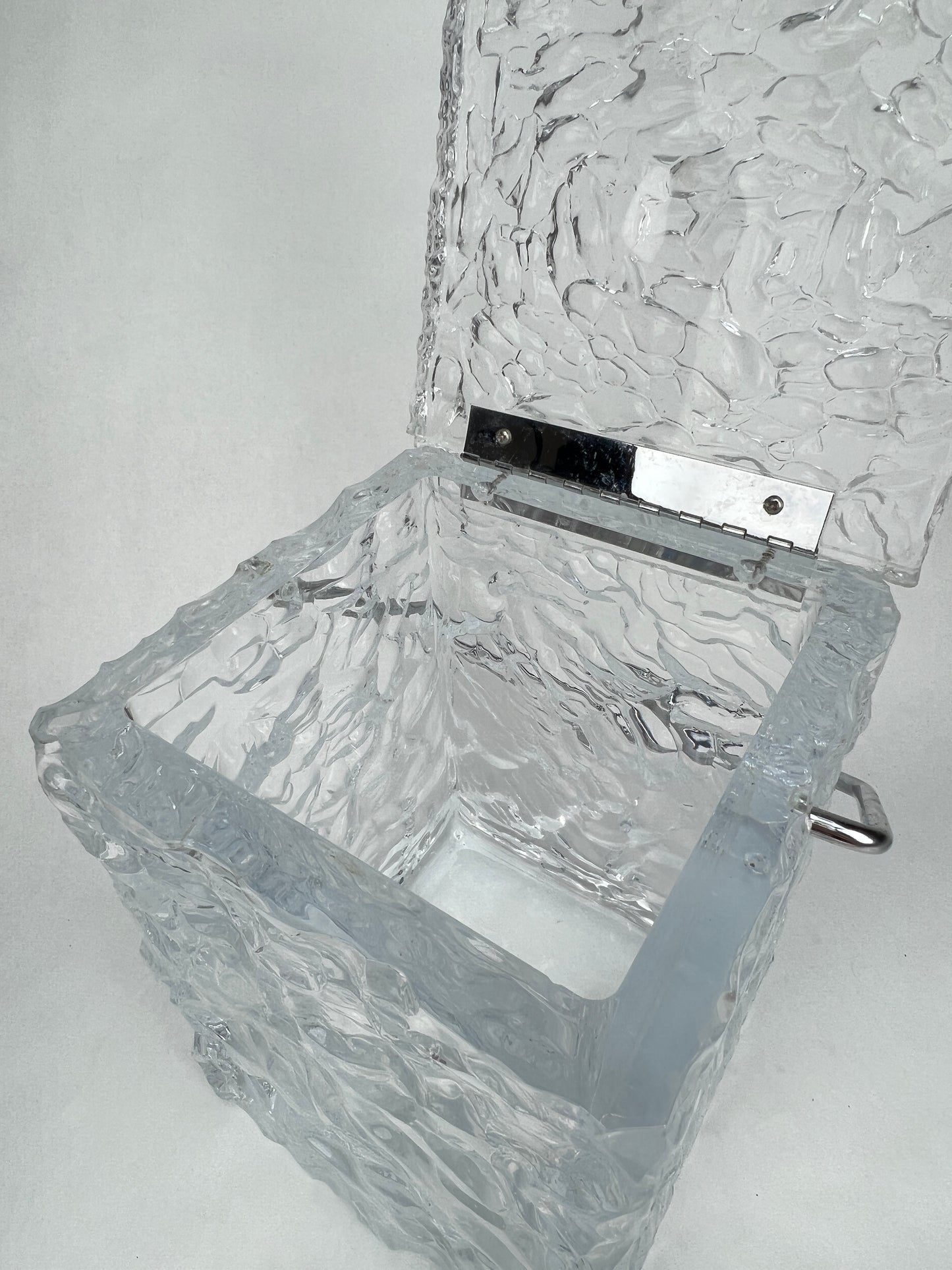 Vintage Mid Century Modern Lucite ICE BUCKET -  Hinged, Textured Block w/ Tongs & Chrome Handle by Wilardy