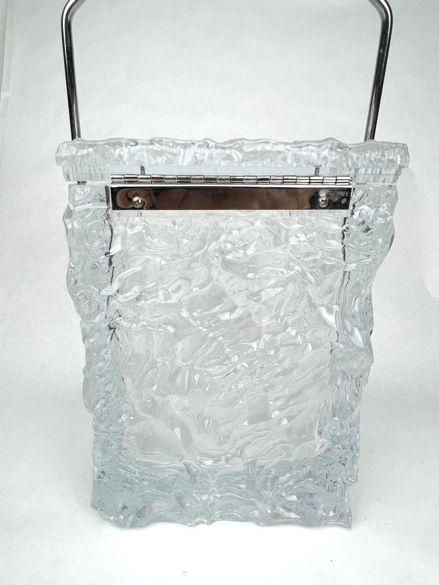 Vintage Mid Century Modern Lucite ICE BUCKET -  Hinged, Textured Block w/ Tongs & Chrome Handle by Wilardy